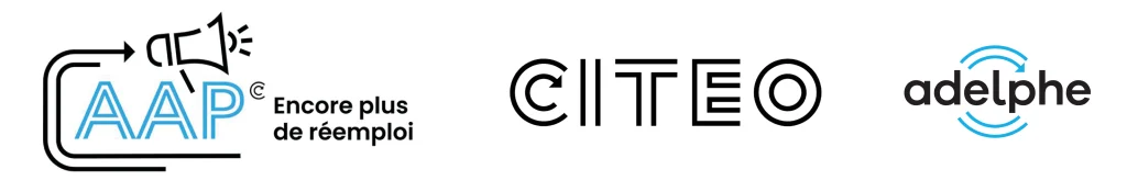 Bandeau avec 3 logos : AAP EncoRe Plus de rÃ©emploi , Citeo et Adelphe